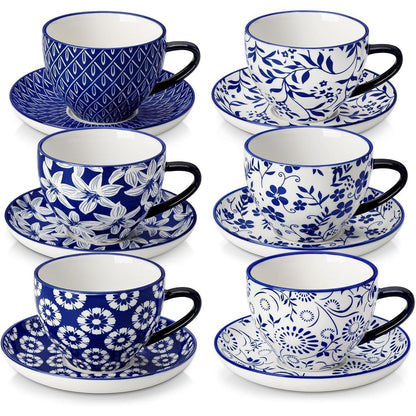 Cappuccino Tassen mit Untertassen 6er Set, 240ml Porzellan, Vintage Blau-Weiß