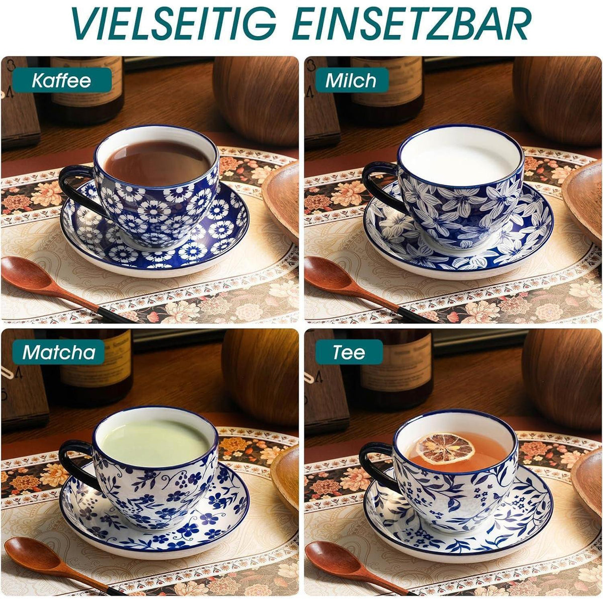 Cappuccino Tassen mit Untertassen 6er Set, 240ml Porzellan, Vintage Blau-Weiß