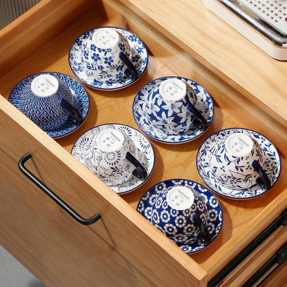 Cappuccino Tassen mit Untertassen 6er Set, 240ml Porzellan, Vintage Blau-Weiß