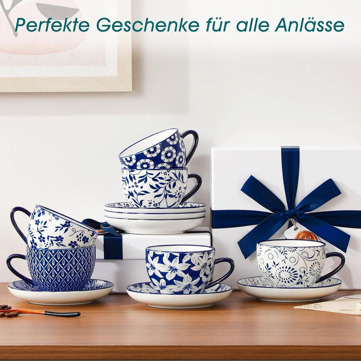 Cappuccino Tassen mit Untertassen 6er Set, 240ml Porzellan, Vintage Blau-Weiß