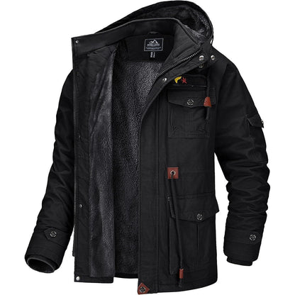 Herren Winterjacke gefüttert Fleece Parka mit Kapuze Schwarz