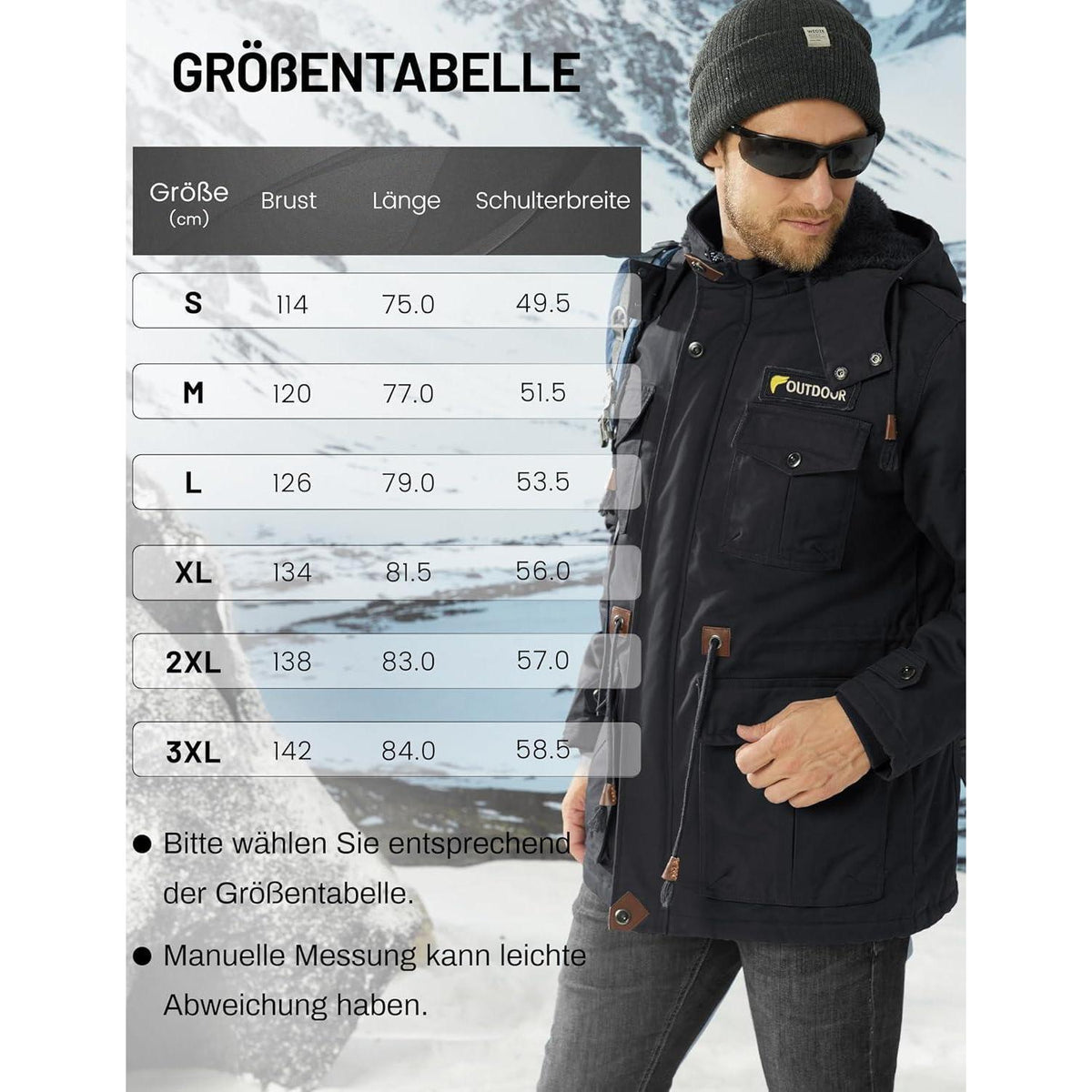 Herren Winterjacke gefüttert Fleece Parka mit Kapuze Schwarz