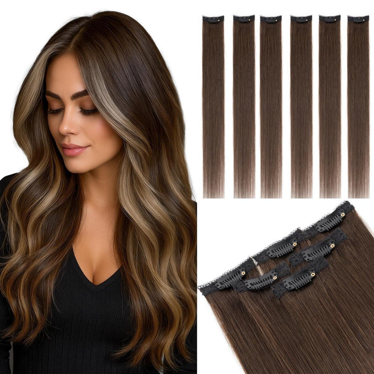 Clip-In Haarverlängerung Echthaar Dunkel Braun 35cm