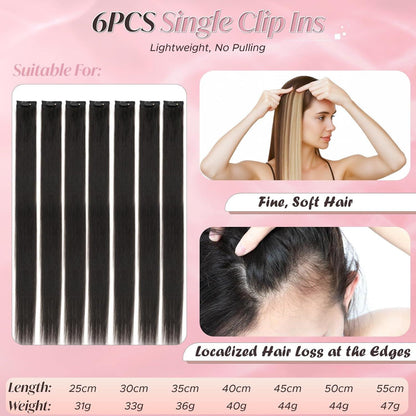 Echthaar Haarverlängerung Clip-In, 25cm, Natürliches Schwarz