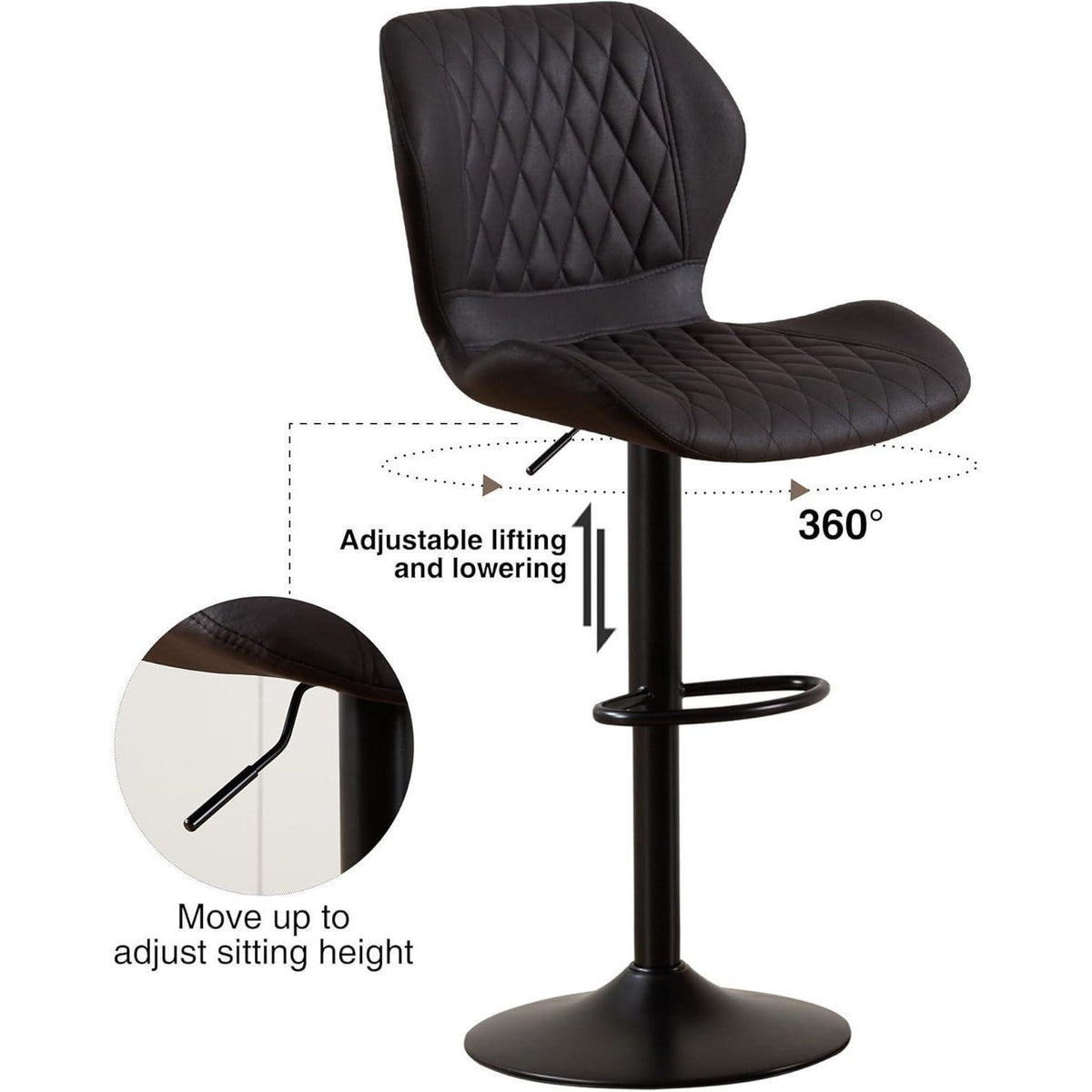 Barhocker mit Lehne, höhenverstellbar, 2er Set Schwarz