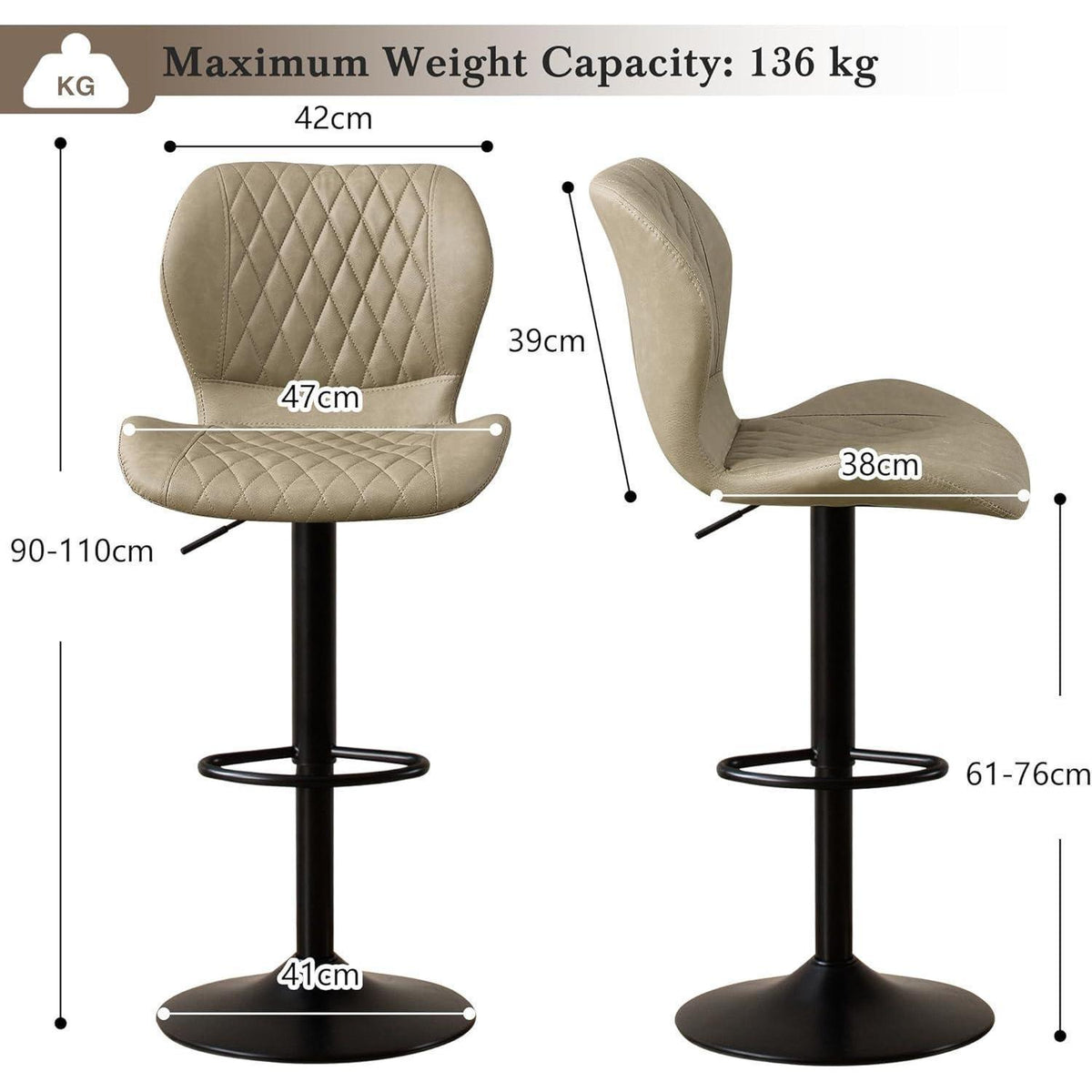 Barhocker mit Lehne, Höhenverstellbar, Khaki, 2er Set