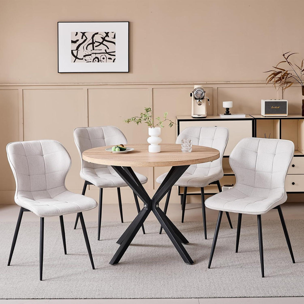 Moderner Esstisch Set 100cm + 4 Beigefarbene Stühle