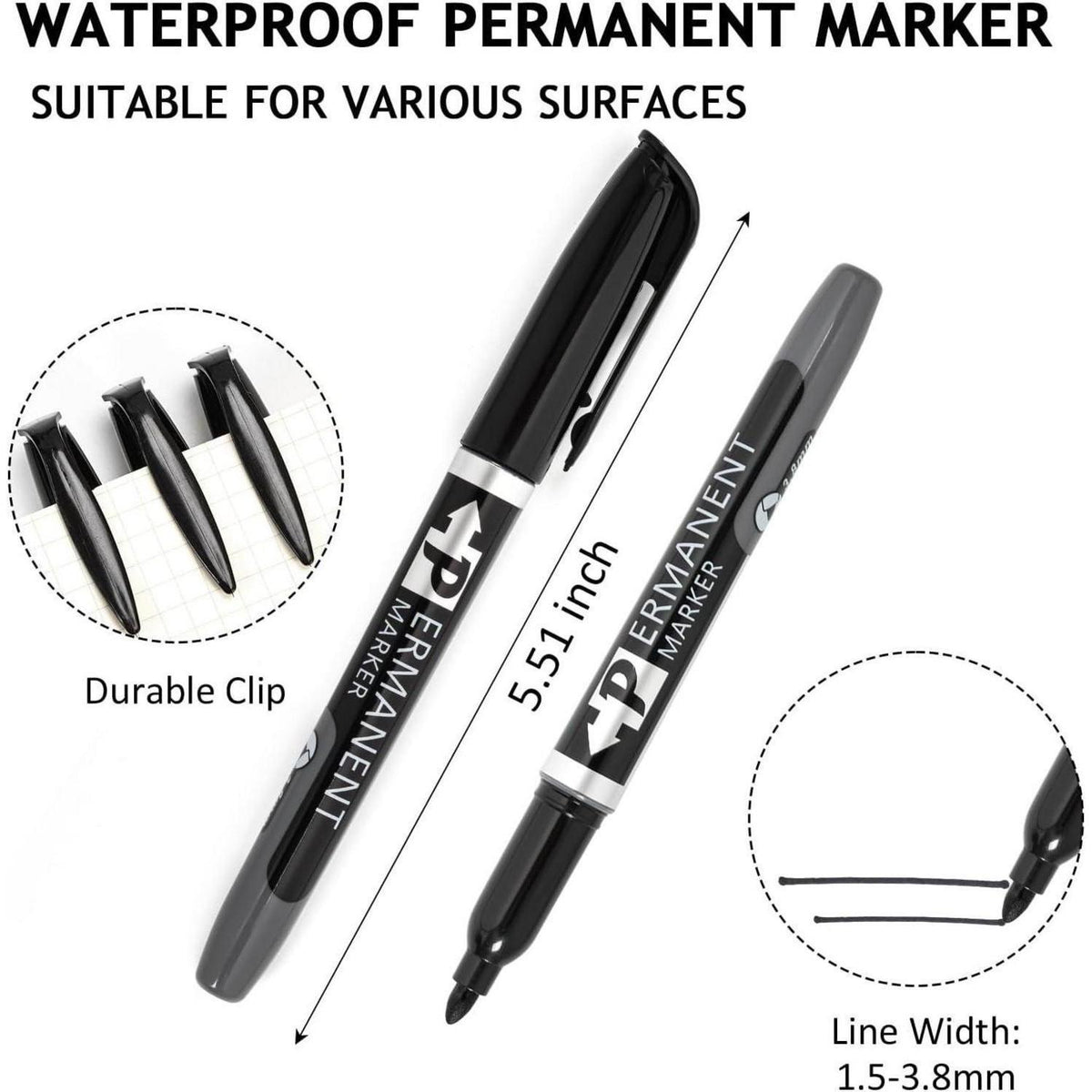 30 Schwarze Permanentmarker Fein, Wasserfest & Schnelltrocknend