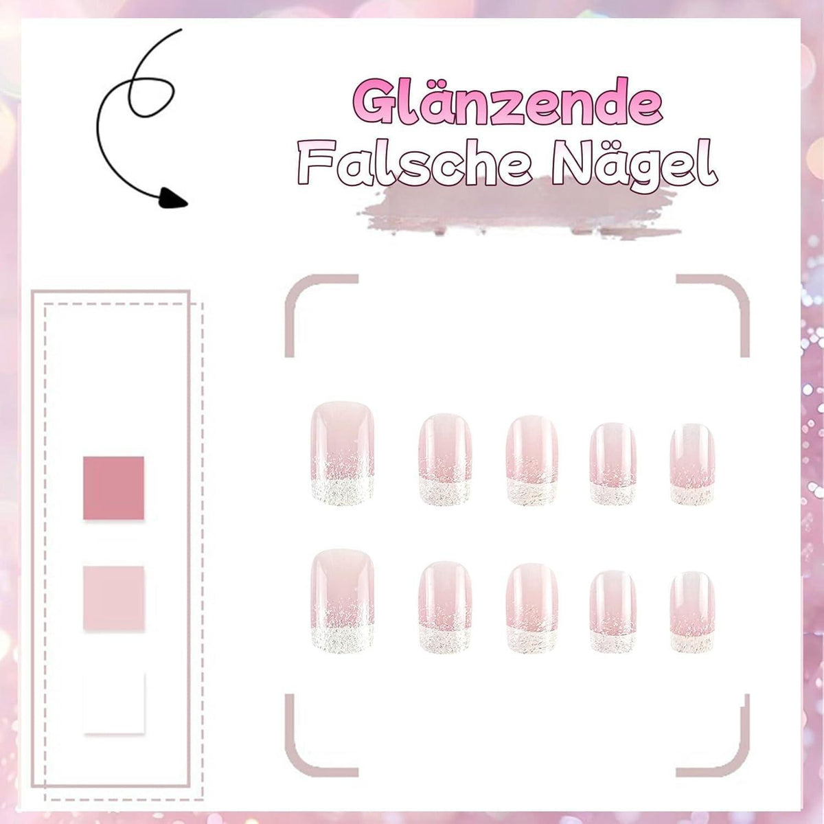 24 Rosa Glitter French Nägel Zum Aufkleben - Kurz & Quadratisch