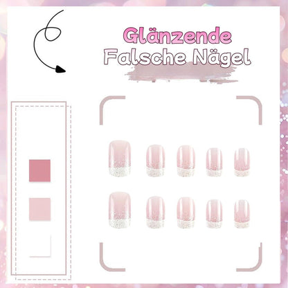 24 Rosa Glitter French Nägel Zum Aufkleben - Kurz & Quadratisch