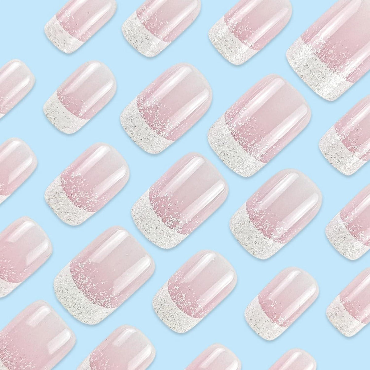 24 Rosa Glitter French Nägel Zum Aufkleben - Kurz & Quadratisch