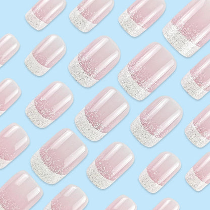 24 Rosa Glitter French Nägel Zum Aufkleben - Kurz & Quadratisch