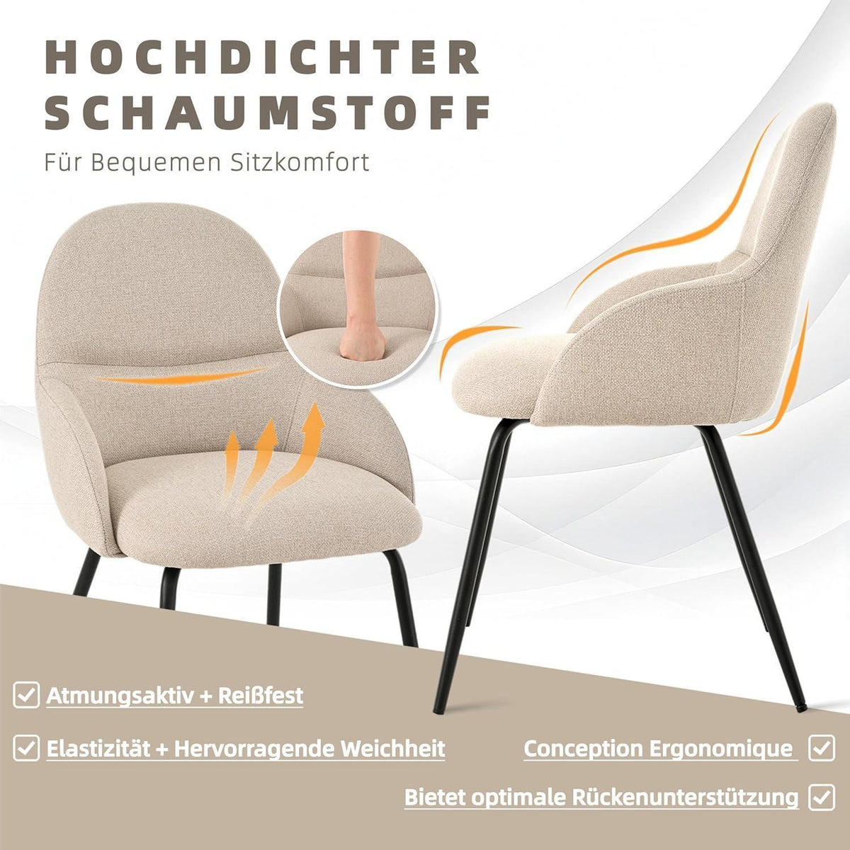 Esszimmerstühle 2er Set mit Armlehne – Beige Leinen & Metall