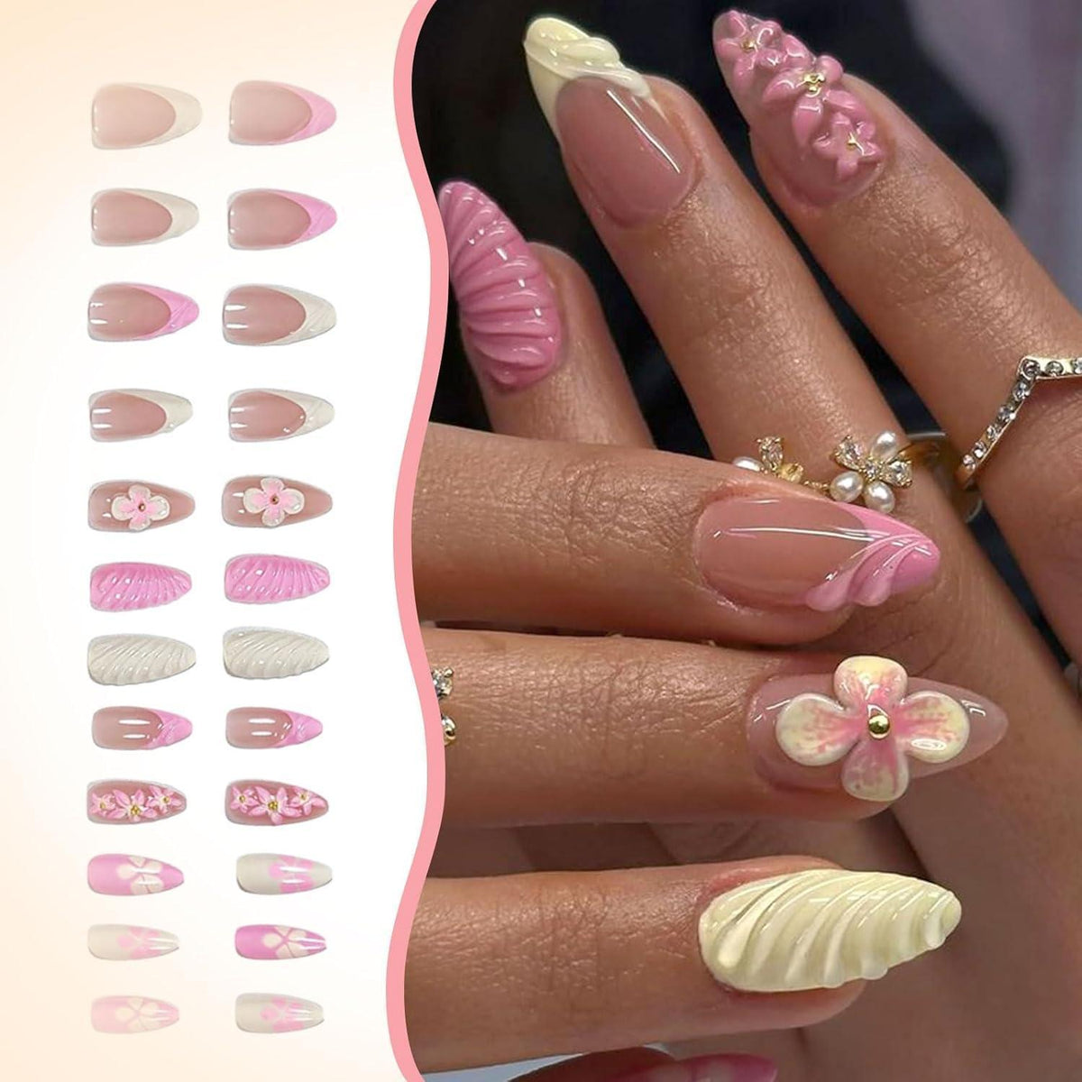24er Set French Press on Nails – 3D Blumendesign, Mandelförmig