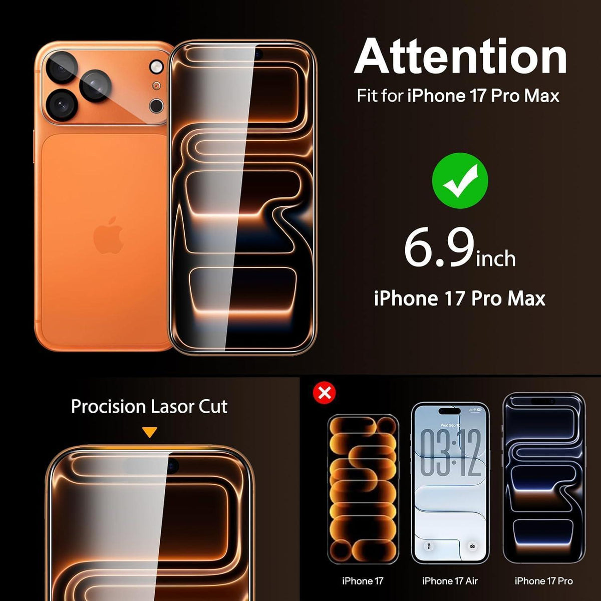 Displayschutzfolie für iPhone 17 Pro Max, 3er-Pack mit Kameraschutz