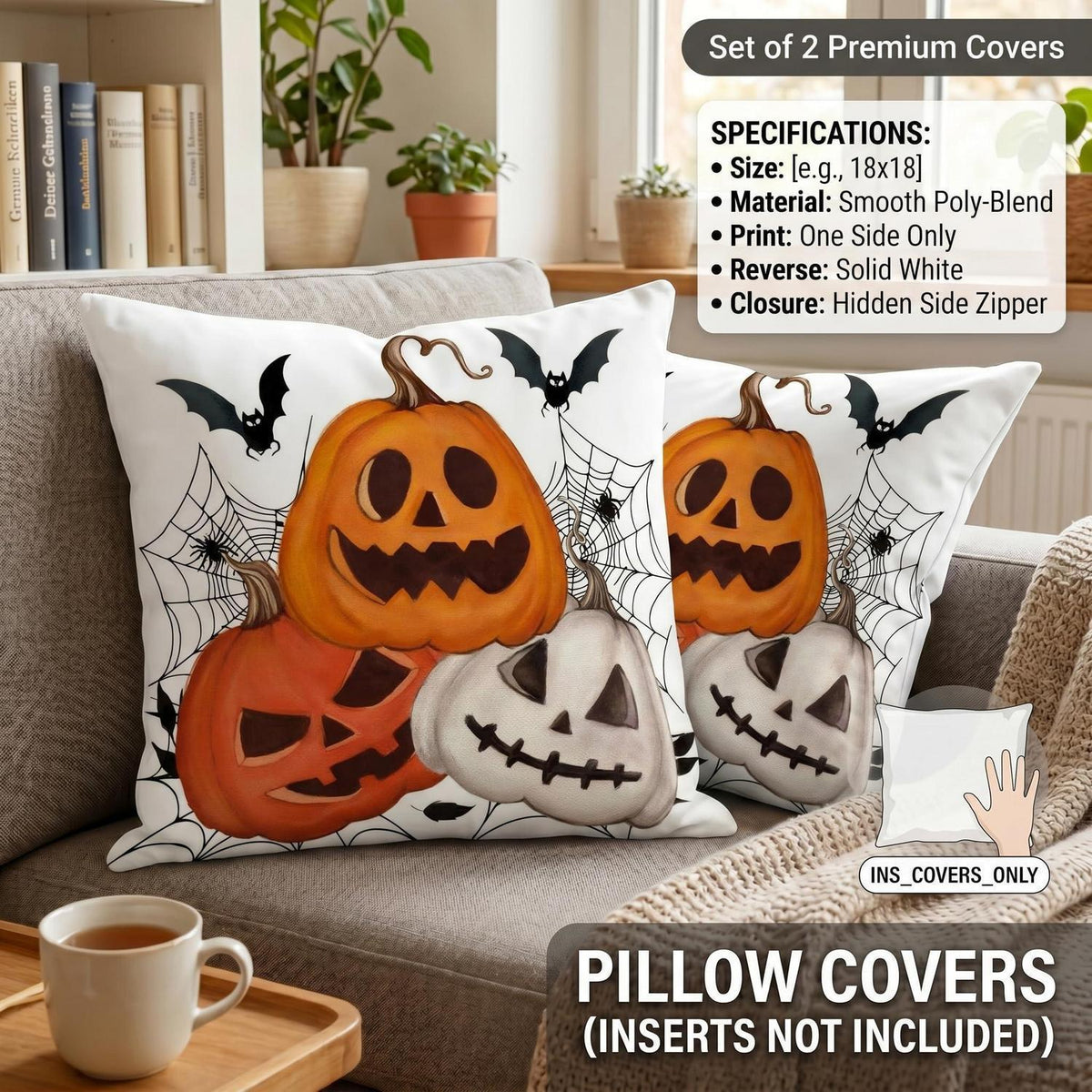 Halloween Kissenbezug 2er Set 45x45 cm - Spinnennetz & Kürbis