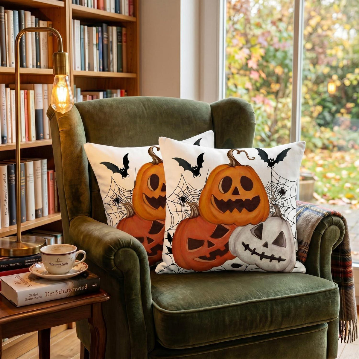 Halloween Kissenbezug 2er Set 45x45 cm - Spinnennetz & Kürbis