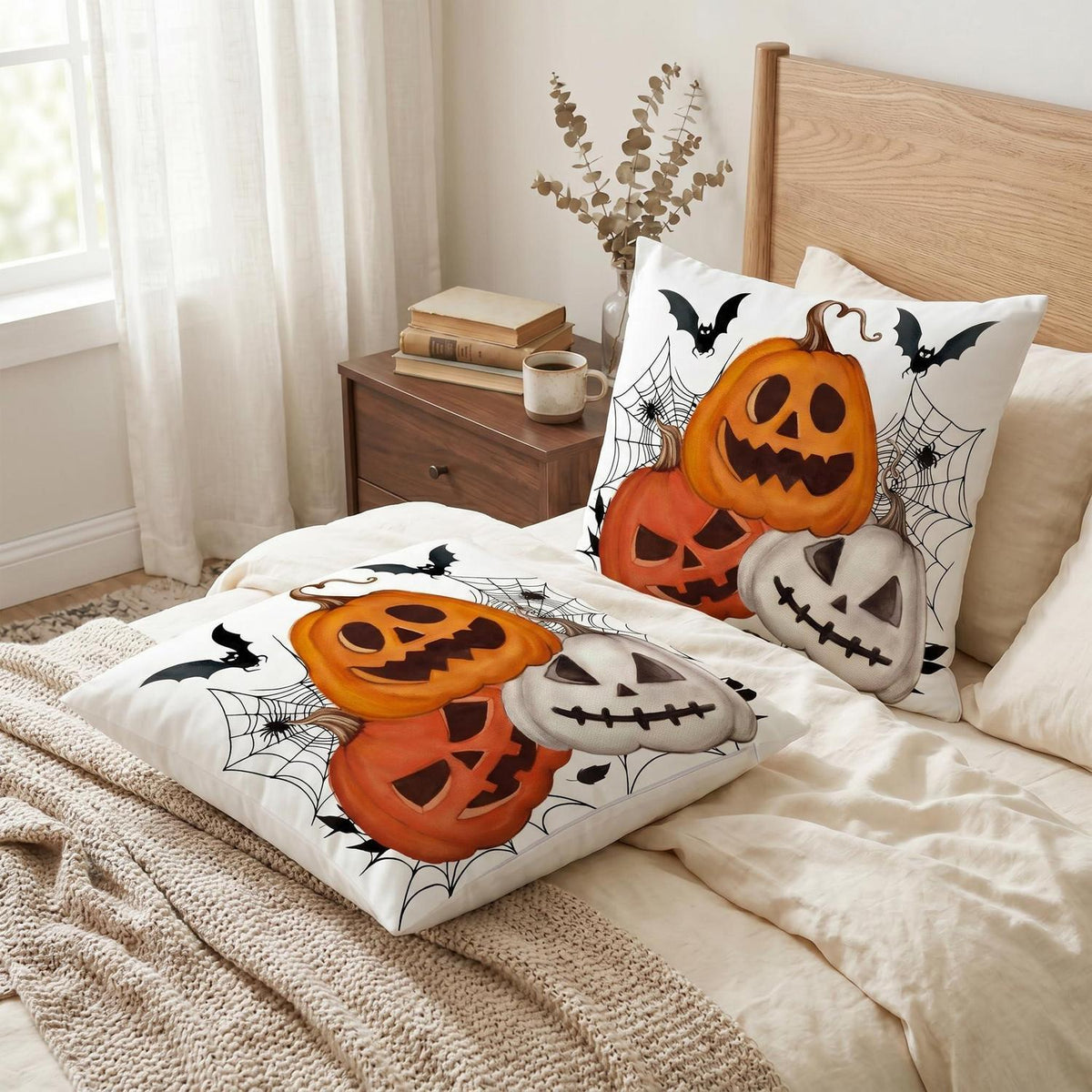 Halloween Kissenbezug 2er Set 45x45 cm - Spinnennetz & Kürbis
