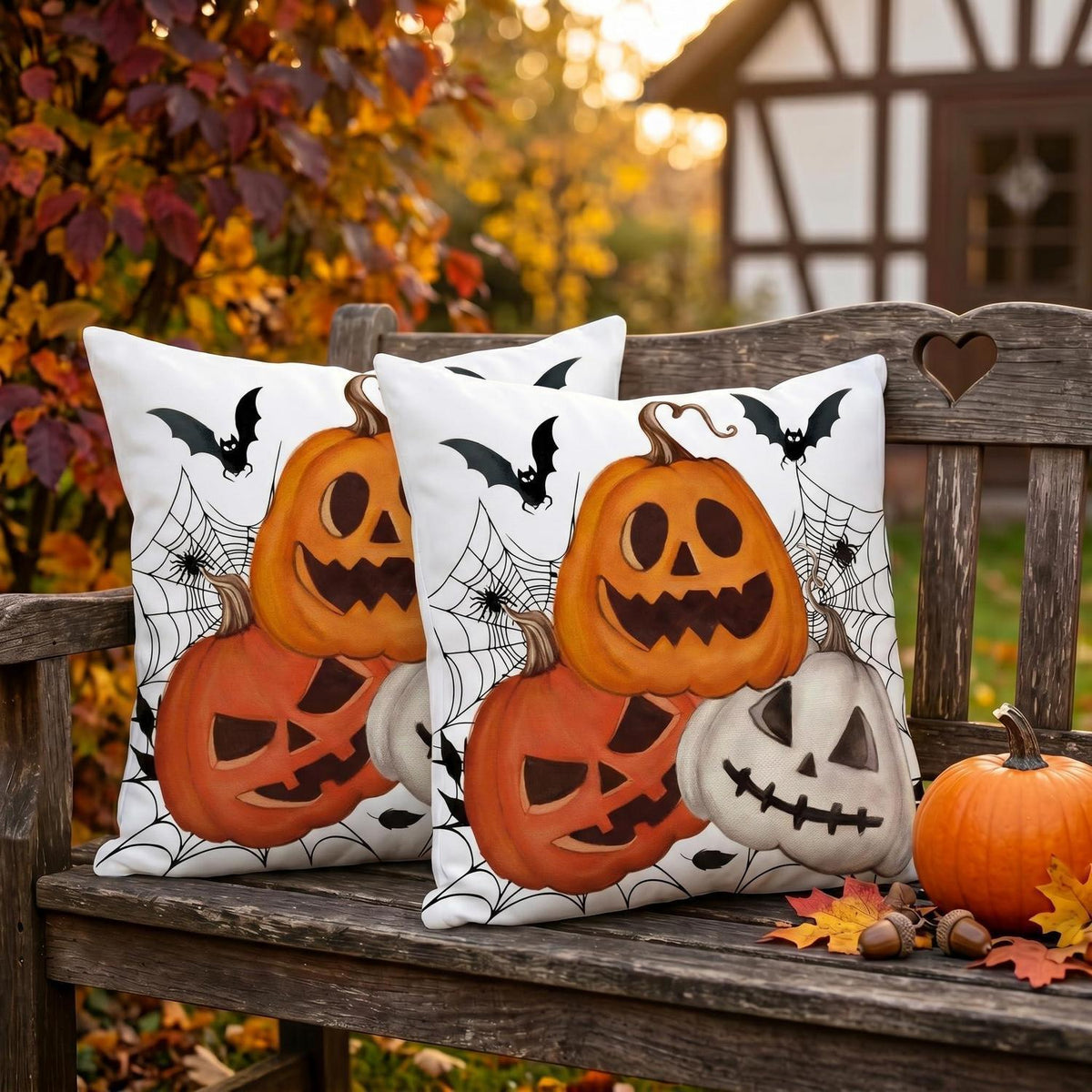 Halloween Kissenbezug 2er Set 45x45 cm - Spinnennetz & Kürbis