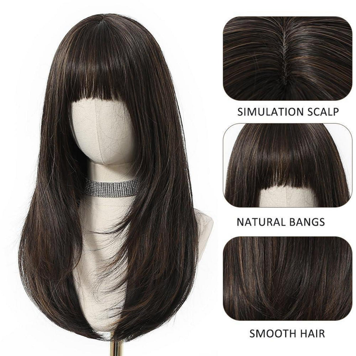Braune Perücke mit Pony – Gerade, Synthetisch, Alltag & Party