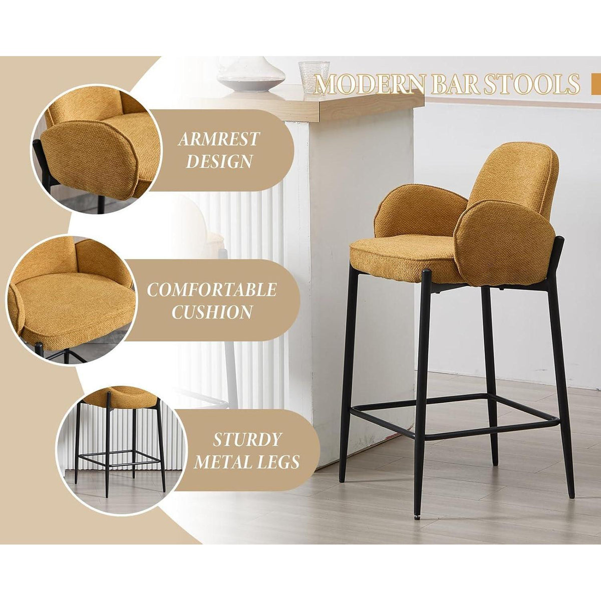 Barhocker Set 4er – Chenille, Metallfuß, Gelb