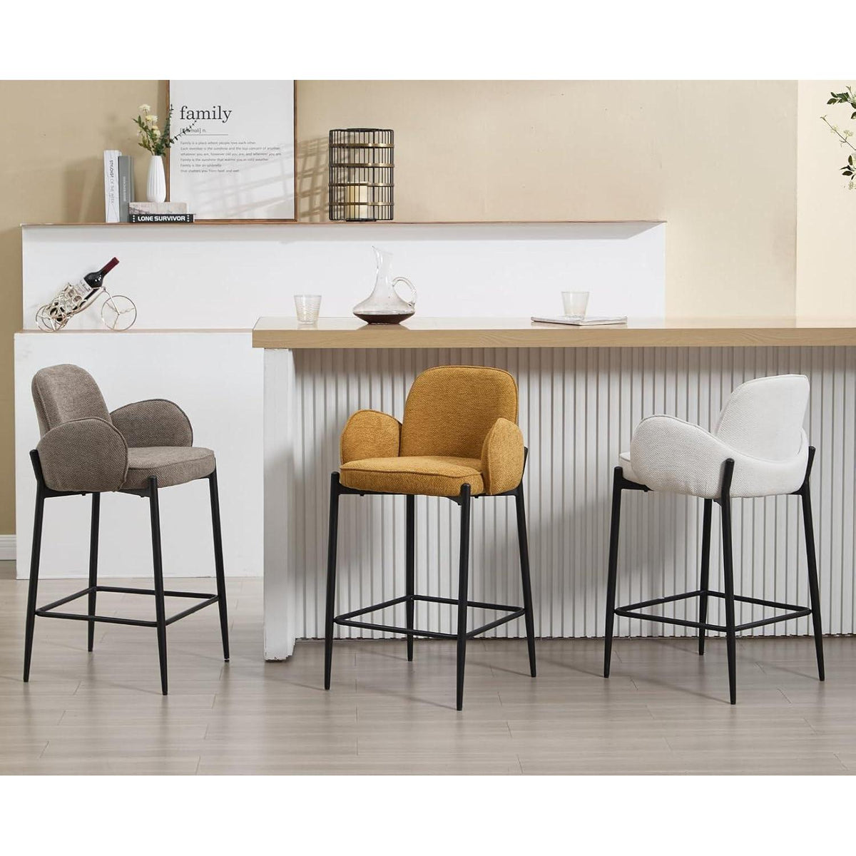 Barhocker Set 4er – Chenille, Metallfuß, Gelb