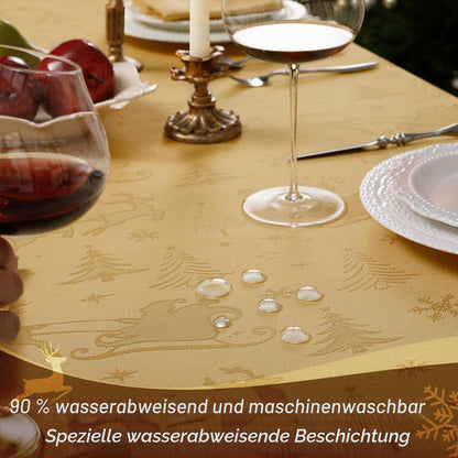 Weihnachtliche Tischdecke Gold Jacquard Rentier & Baum 150x300 cm