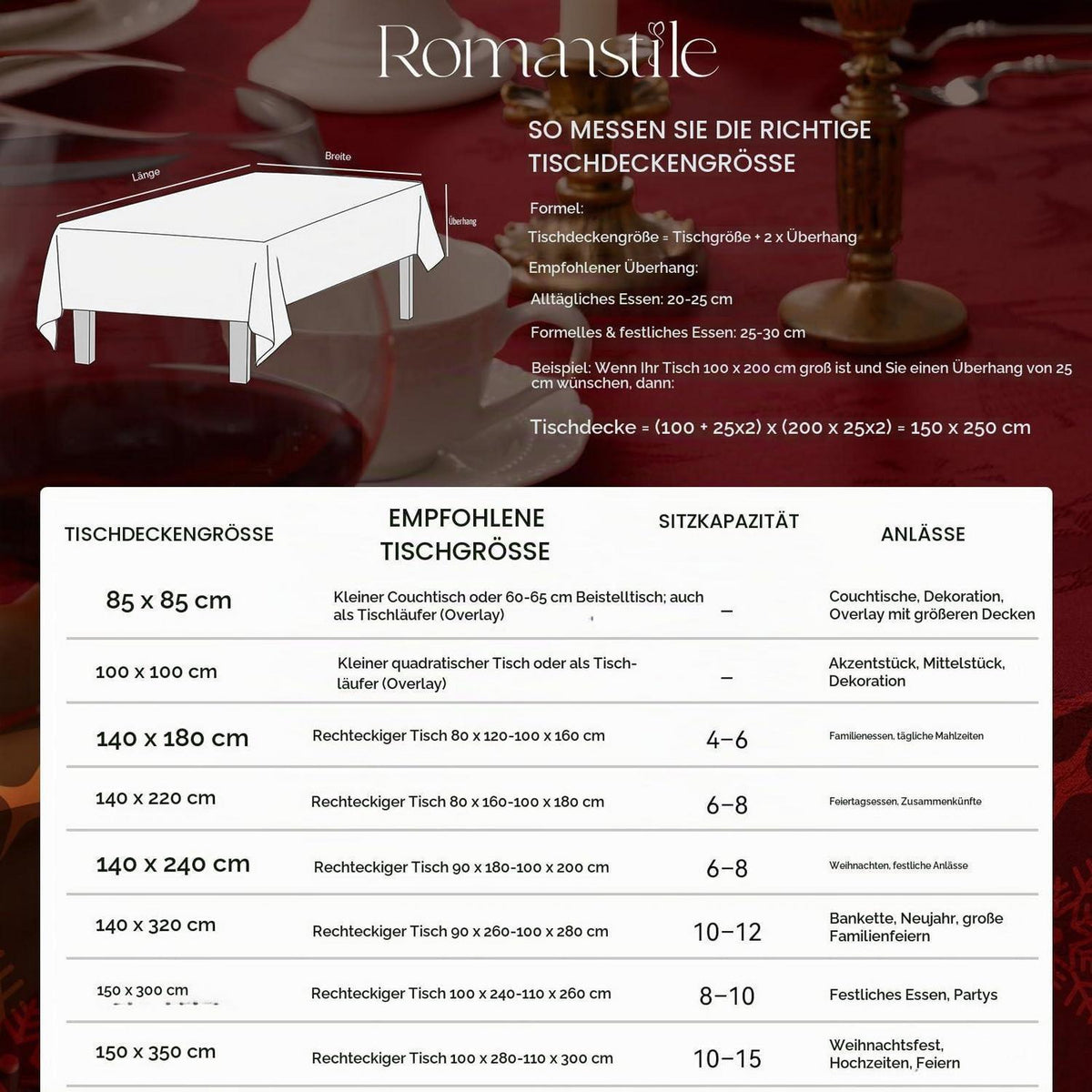 Romanstil Tischdecke Weihnachten Rot 150x300 cm Jacquard Rentier