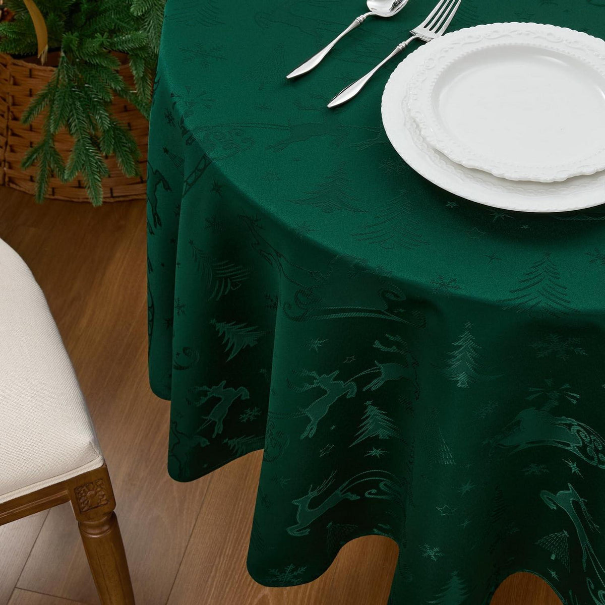 Runde Weihnachtstischdecke 160cm Dunkelgrün – Jacquard Deko mit Rentier & Baum