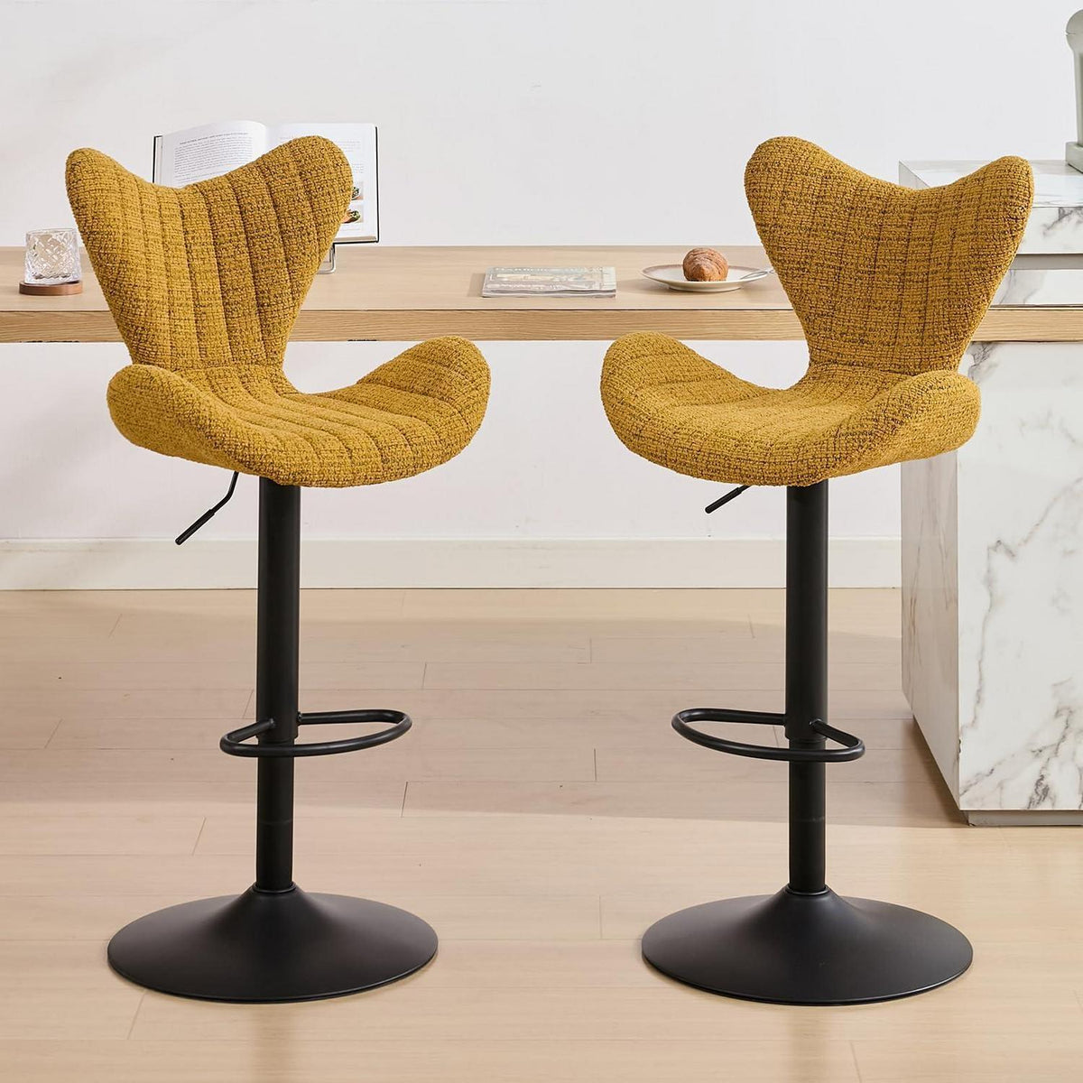 Barhocker Set 2er – Chenille, Höhenverstellbar & Fußstütze