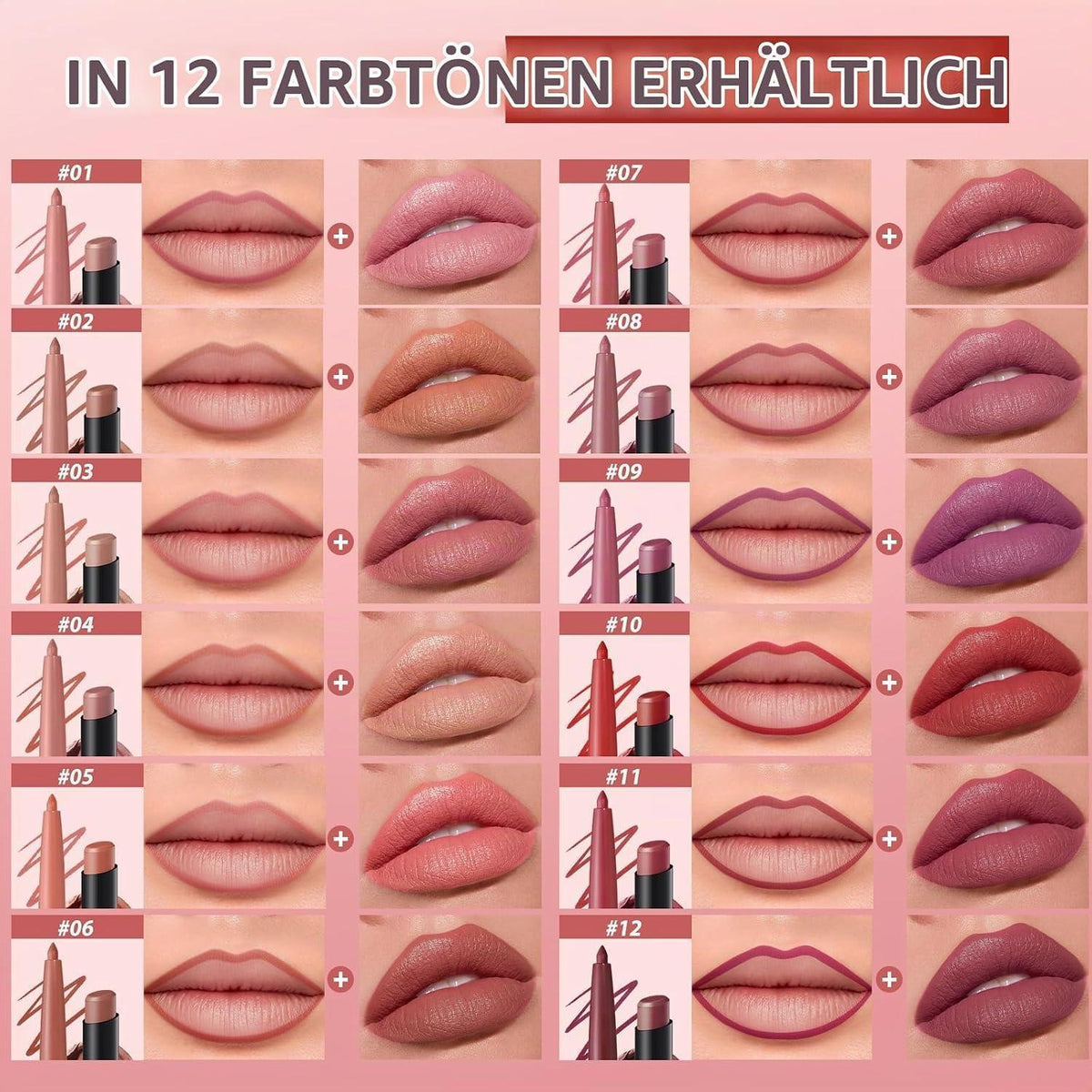 12-teiliges Lippen-Set: Samtmatte Farben & Konturen