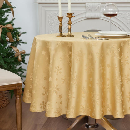 Runde Weihnachtliche Tischdecke 180cm Gold – Jacquard Schneeflocken & Sterne
