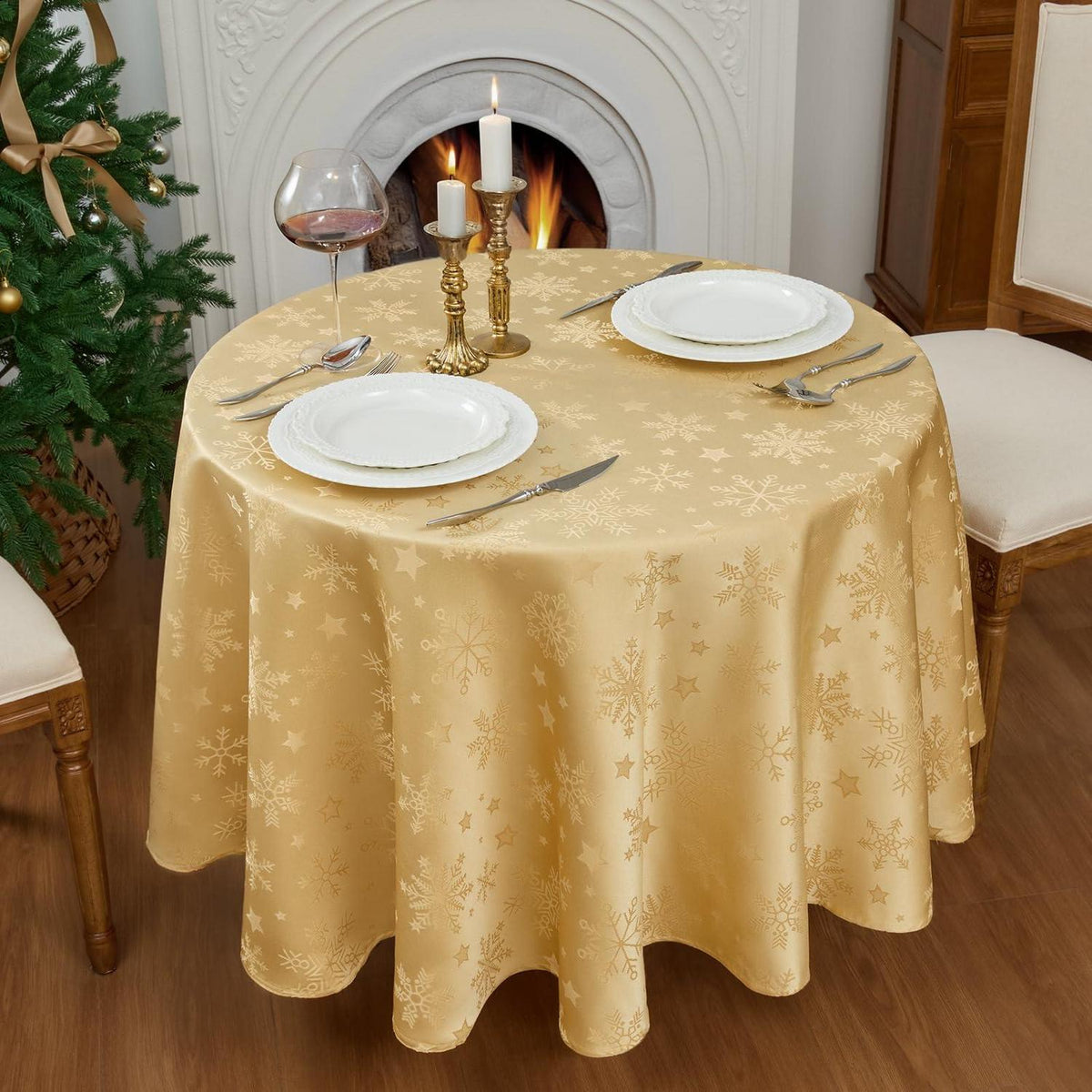 Runde Weihnachtliche Tischdecke 180cm Gold – Jacquard Schneeflocken & Sterne