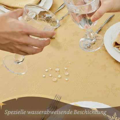 Runde Weihnachtliche Tischdecke 180cm Gold – Jacquard Schneeflocken & Sterne