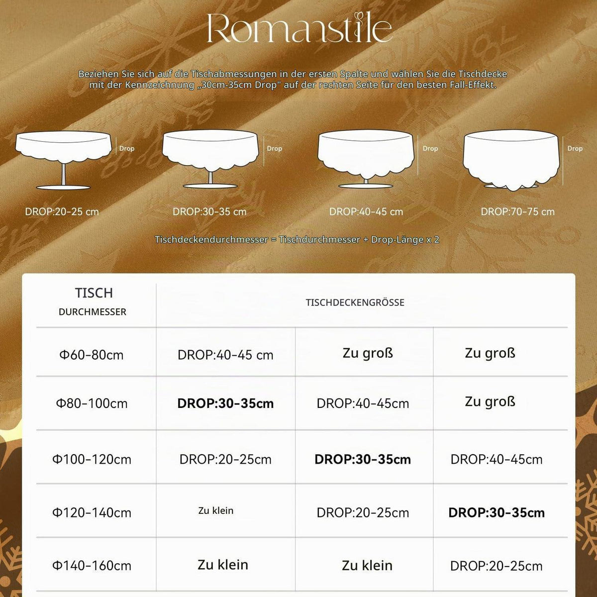 Runde Weihnachtliche Tischdecke 180cm Gold – Jacquard Schneeflocken & Sterne