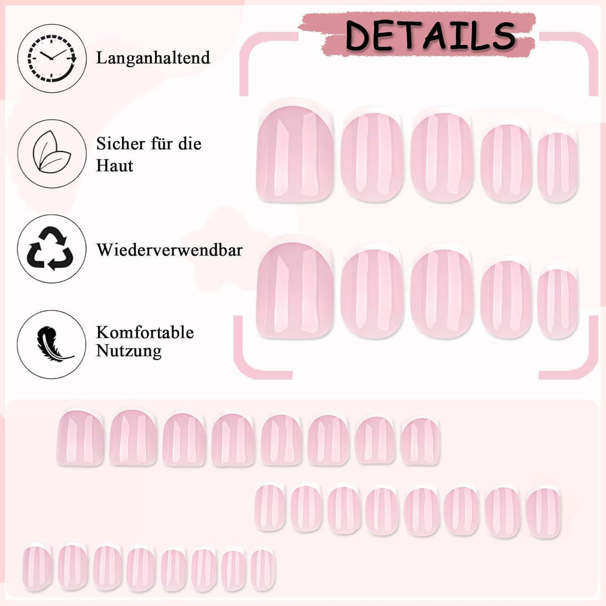 24er Set French Press on Nails - Kurz & Quadratisch Rosa