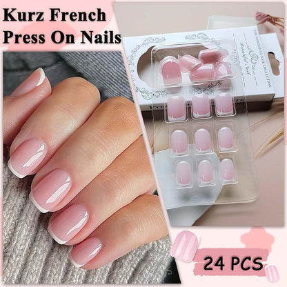 24er Set French Press on Nails - Kurz & Quadratisch Rosa