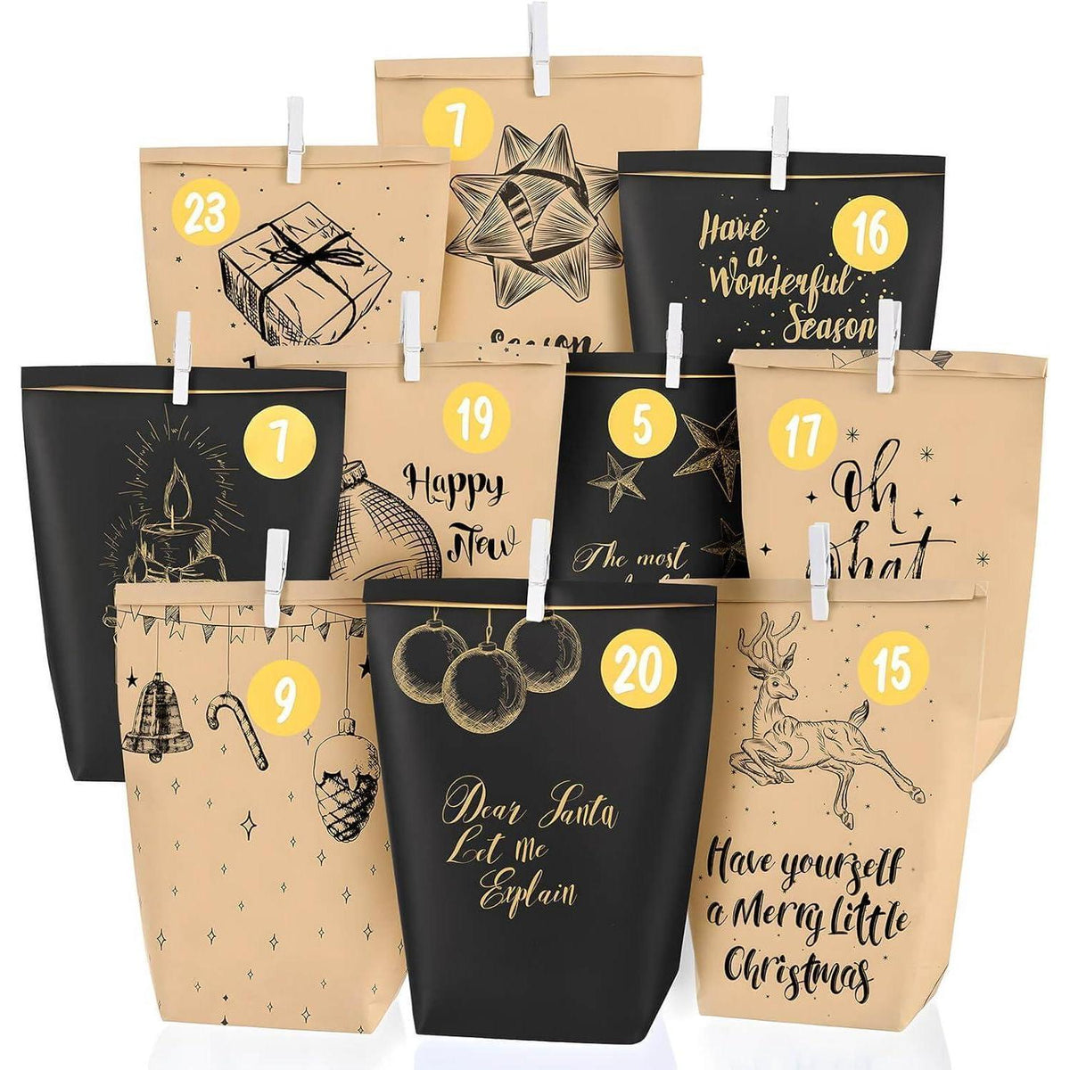 Adventskalender zum Befüllen: 24 schwarze & gelbe Papiertüten mit Gold-Aufklebern