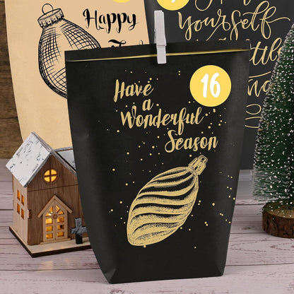 Adventskalender zum Befüllen: 24 schwarze & gelbe Papiertüten mit Gold-Aufklebern
