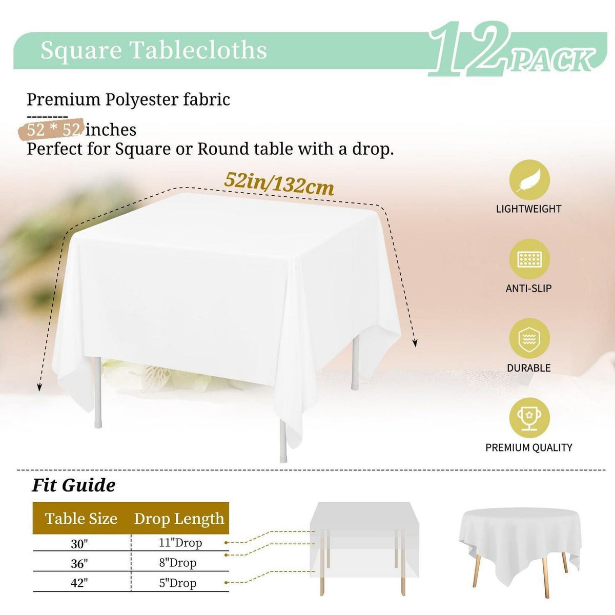 12x Weiße Tischdecken 132x132cm – Quadratisch & Waschbar