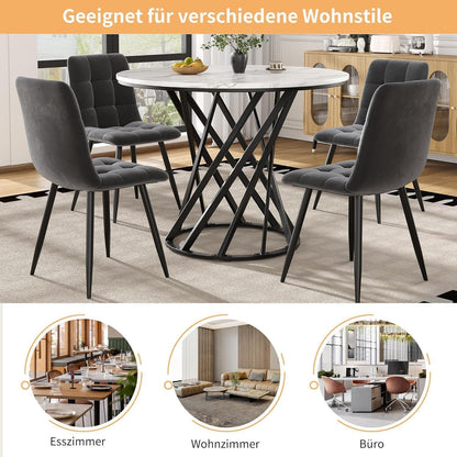 Runder Esstisch Set für 4 Personen | Weiß mit Samtstühlen