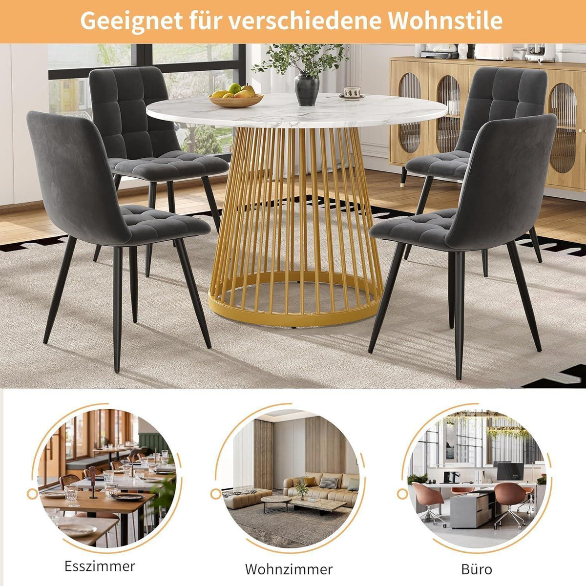 Runder Esstisch Set für 4 Personen | Weiß mit goldenen Stühlen
