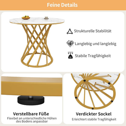 Runder Esstisch Set für 4 Personen | Weiß mit goldenen Stühlen