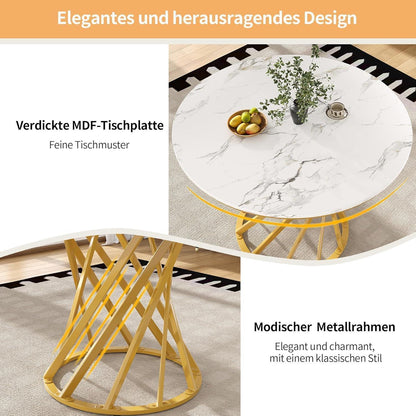 Runder Esstisch Set für 4 Personen | Weiß mit goldenen Stühlen
