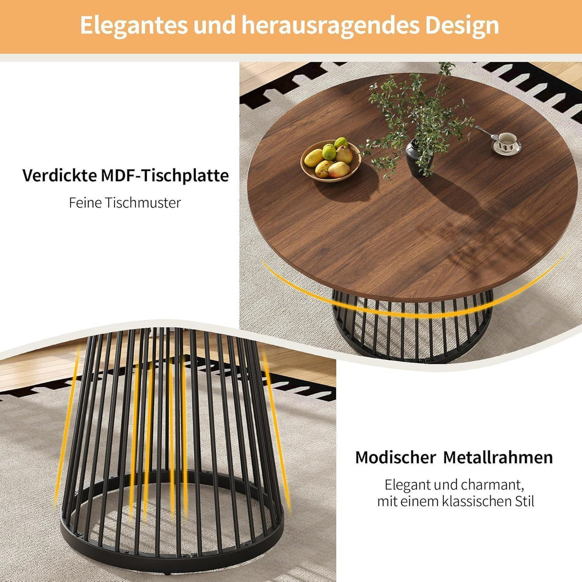 Runder Esstisch Set für 4 Personen | Schwarz-Walnuss Essgruppe