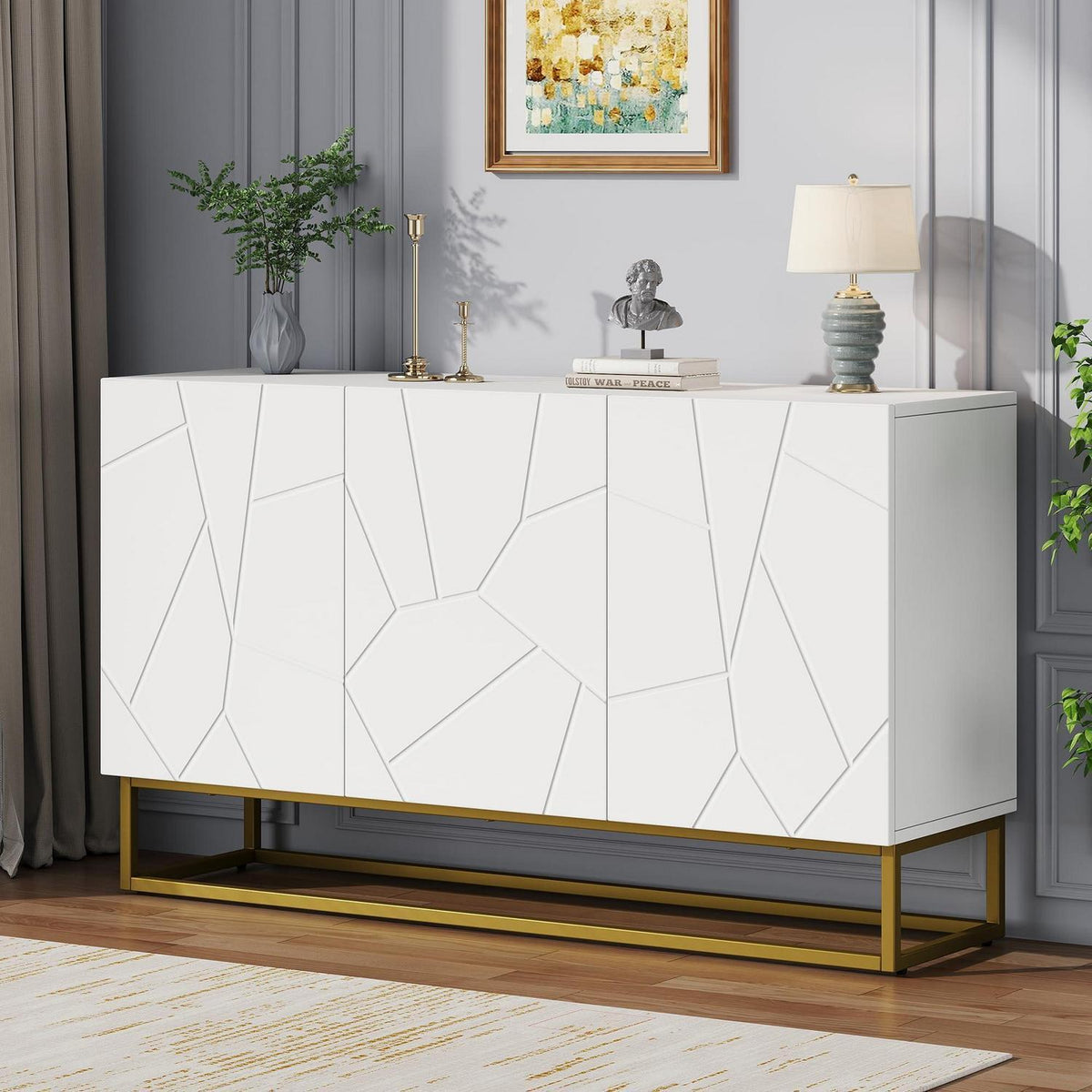 Hochglanz Sideboard Weiß mit 4 Fächern & Verstellbaren Regalböden