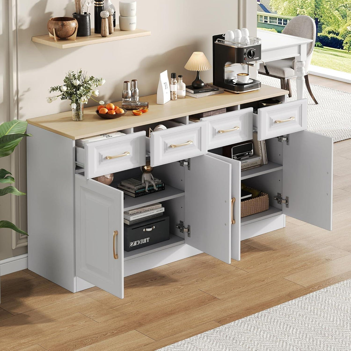 Weißes Sideboard mit 4 Schubladen & Scheunentüren (140x40x75cm)