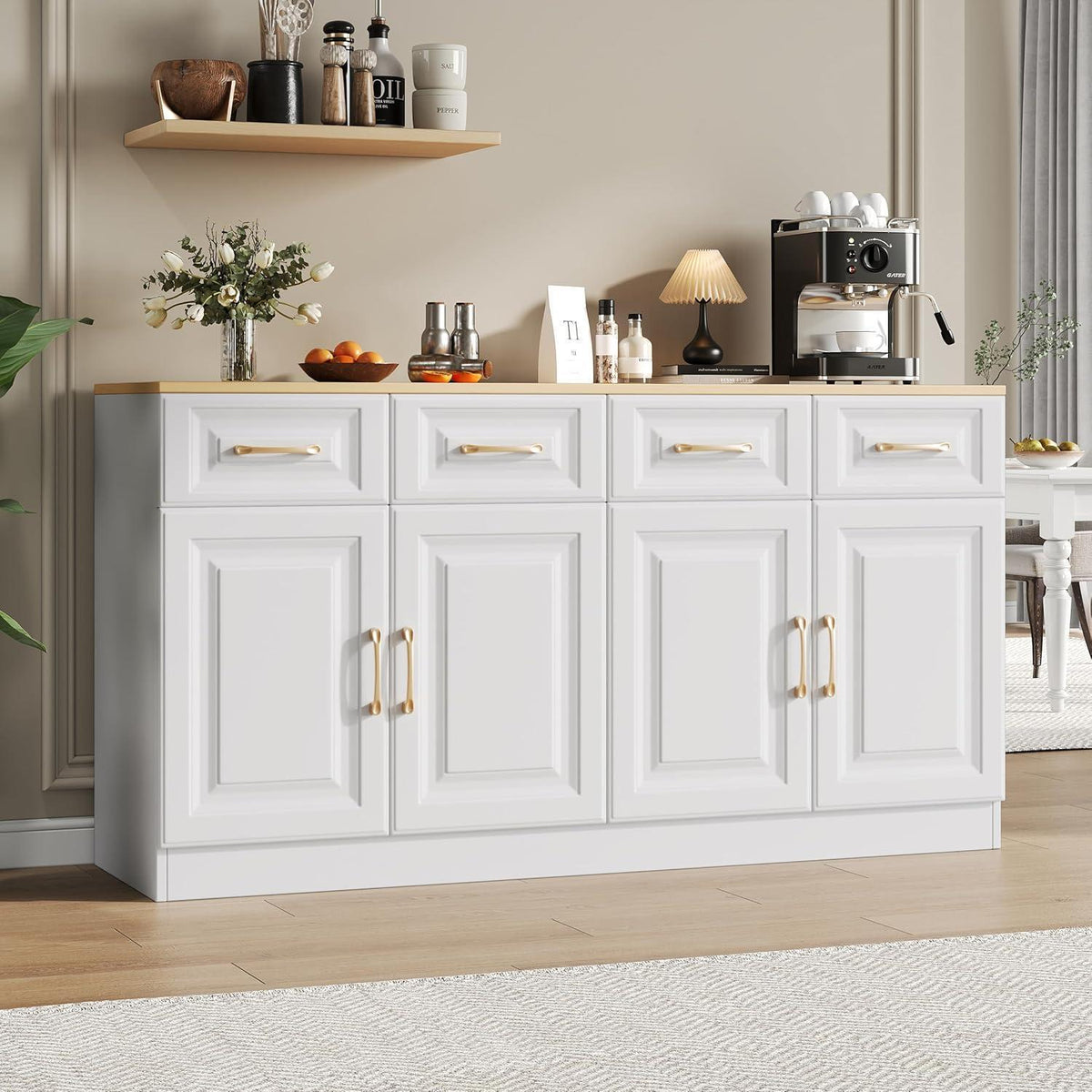Weißes Sideboard mit 4 Schubladen & Scheunentüren (140x40x75cm)