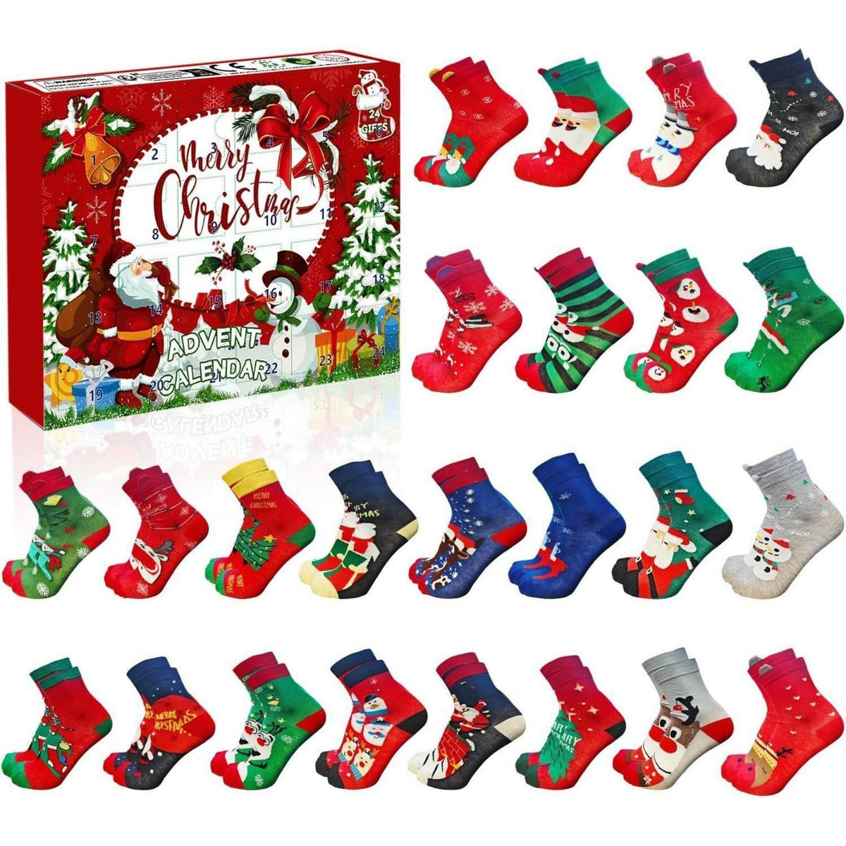 Adventskalender Socken 24 Paar für Damen & Herren (Rot 39-45)
