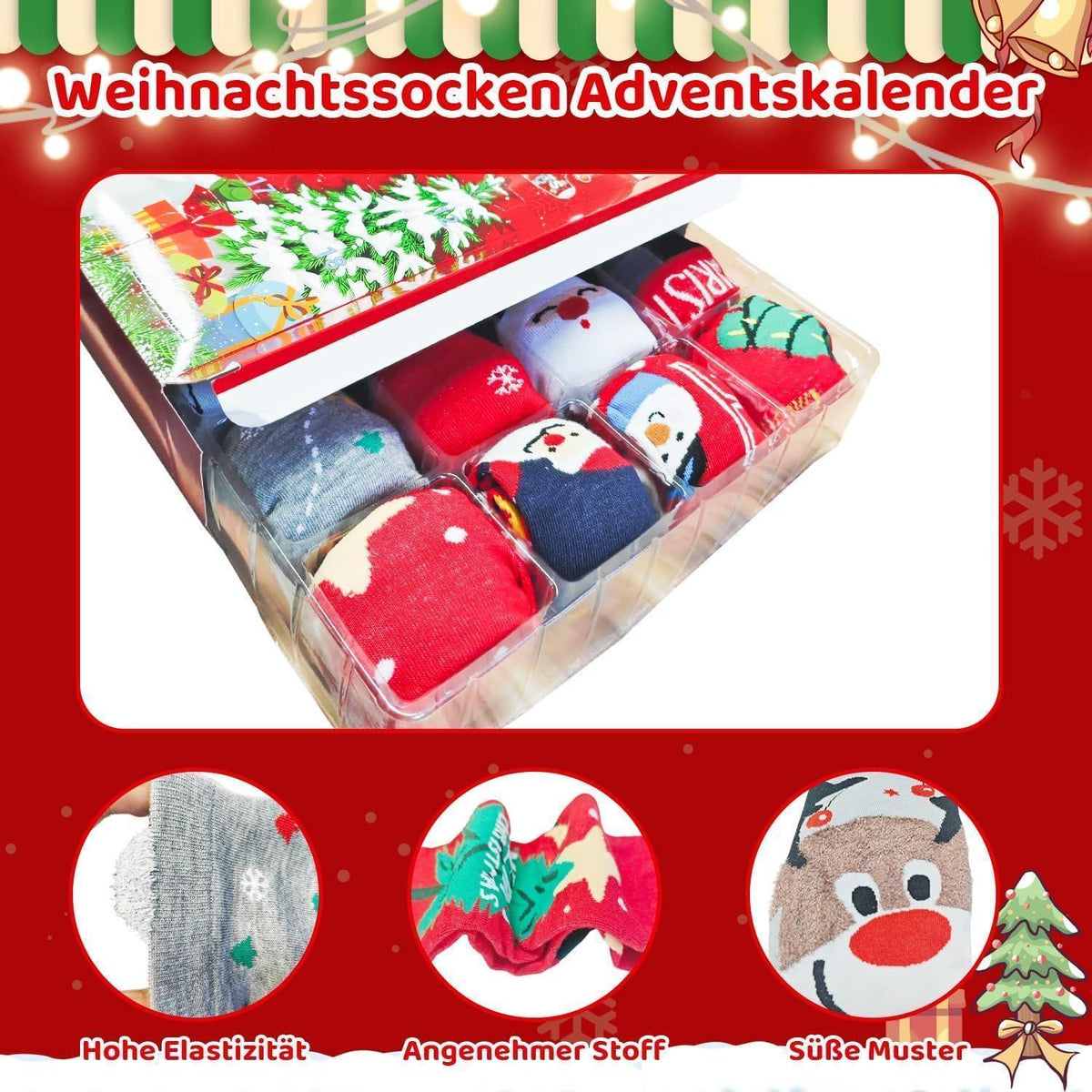 Adventskalender Socken 24 Paar für Damen & Herren (Rot 39-45)